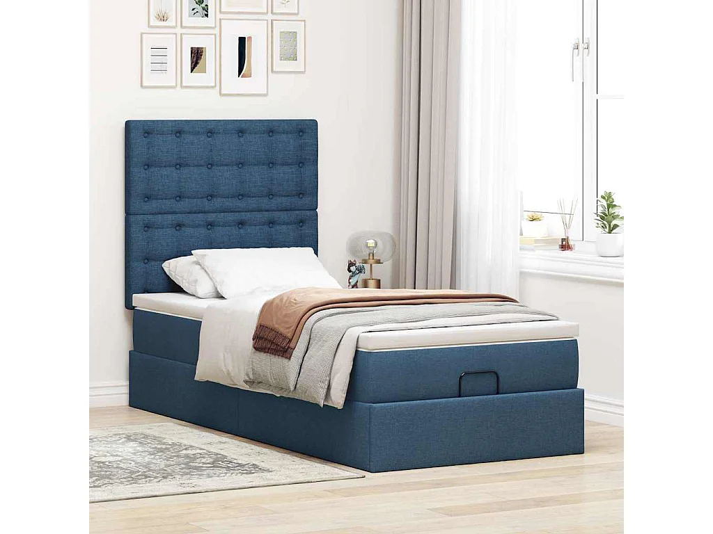 Cama Otomana com Colchão & LEDs Tecido Azul 90x200 cm