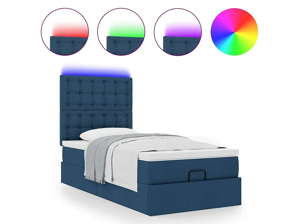 Cama Otomana com Colchão & LEDs Tecido Azul 90x200 cm
