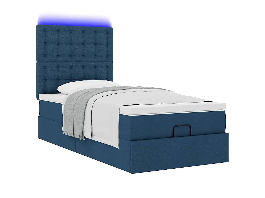 Cama Otomana com Colchão & LEDs Tecido Azul 90x200 cm