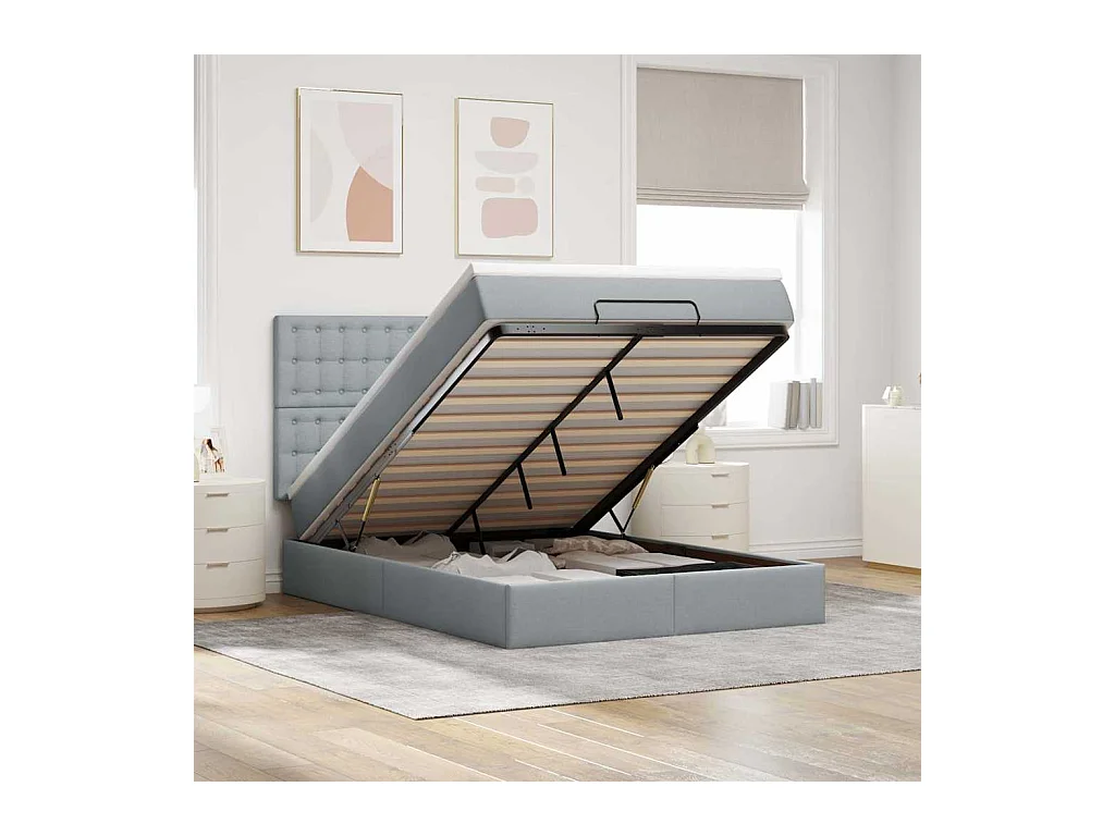 Cadre de lit ottoman et matelas gris clair 140x190 cm tissu