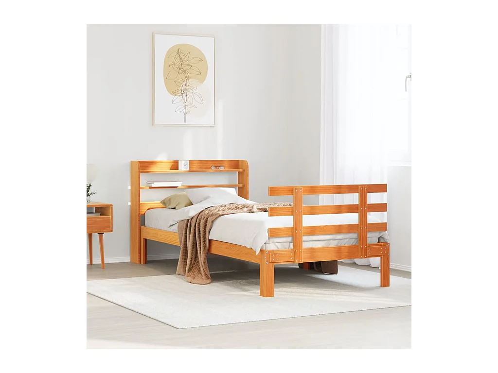 Estructura cama con cabecero madera pino marrón cera 100x200 cm