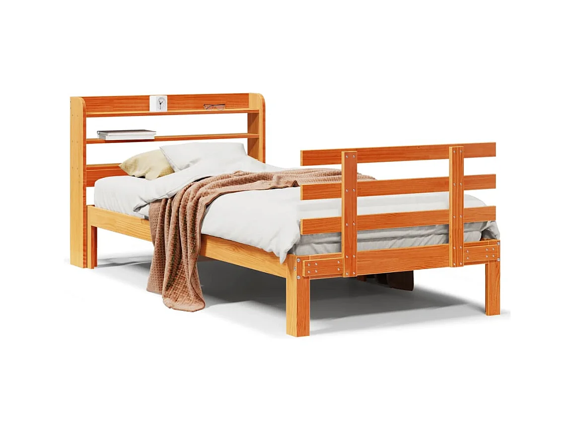 Estructura cama con cabecero madera pino marrón cera 100x200 cm