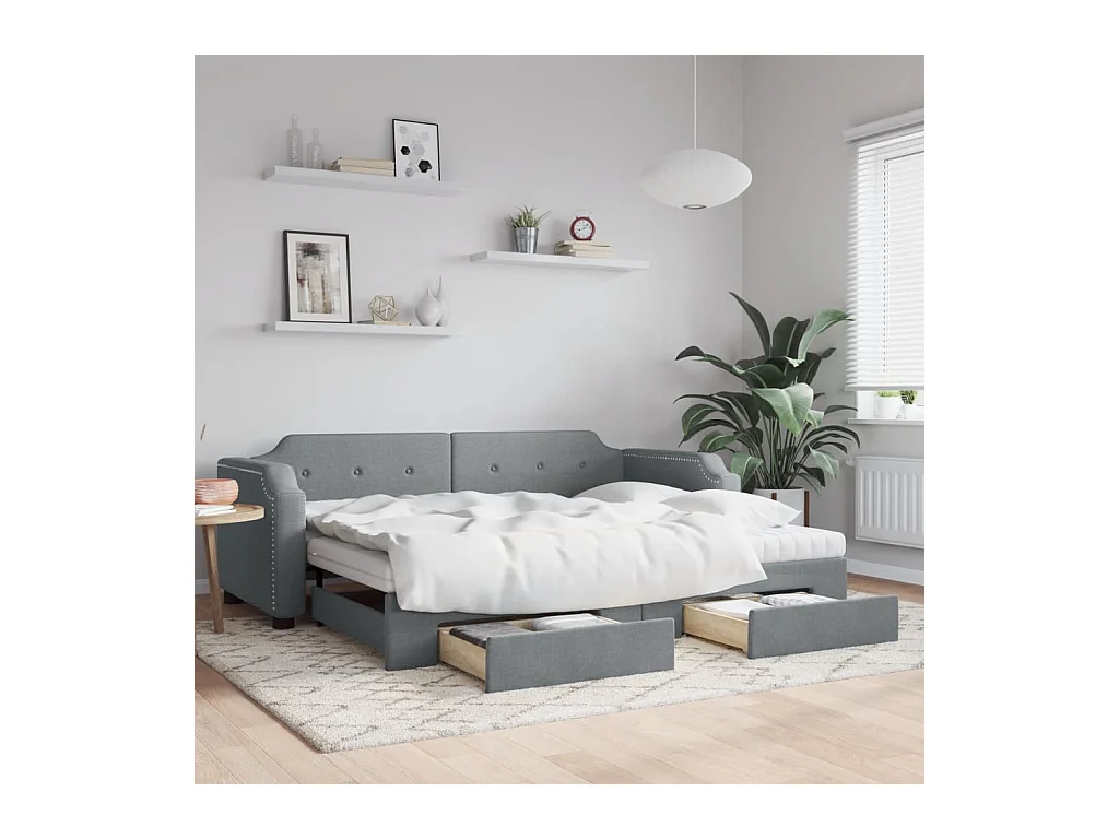 Tagesbett Ausziehbar mit Schubladen Hellgrau 100x200 cm Stoff
