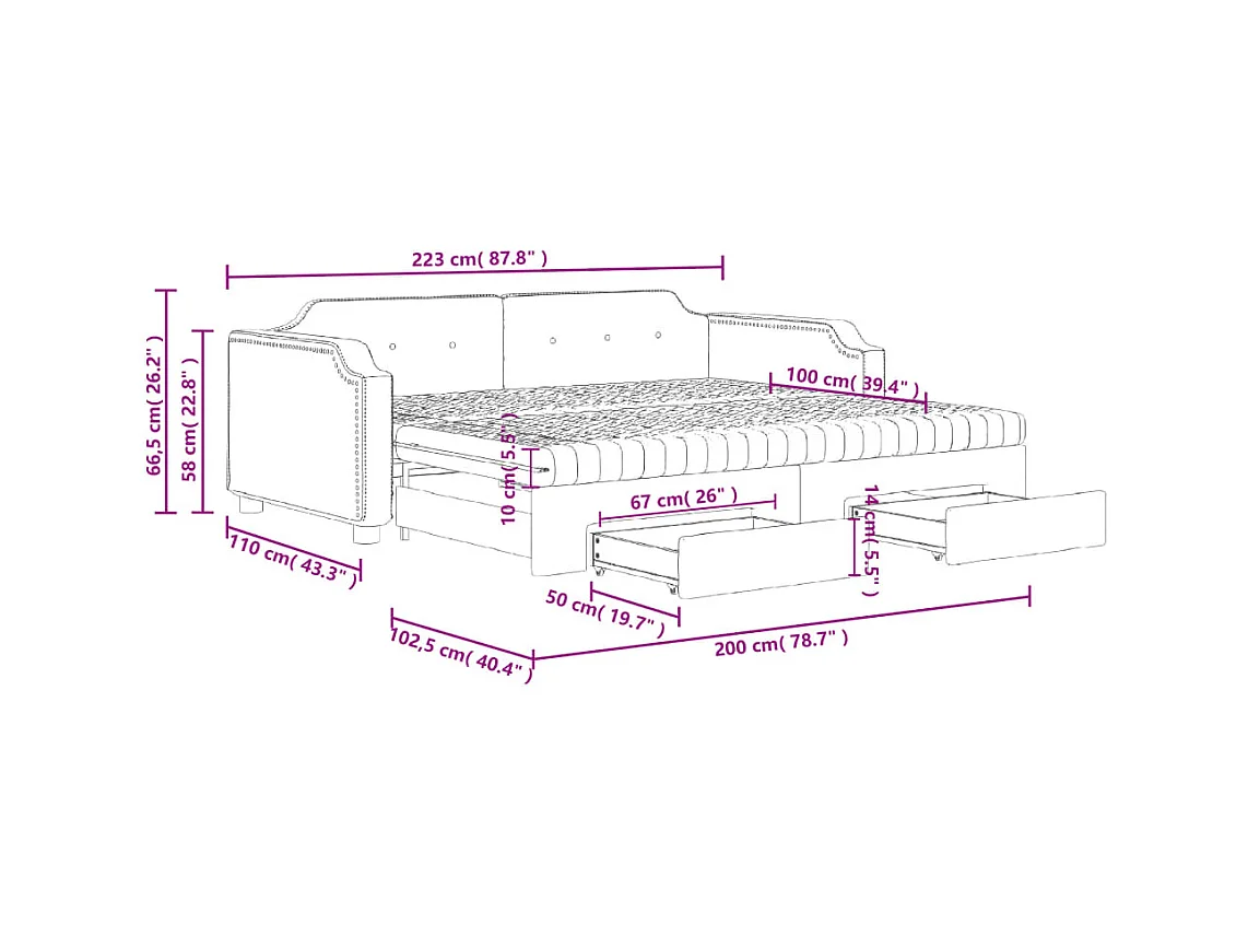 Tagesbett Ausziehbar mit Schubladen Hellgrau 100x200 cm Stoff