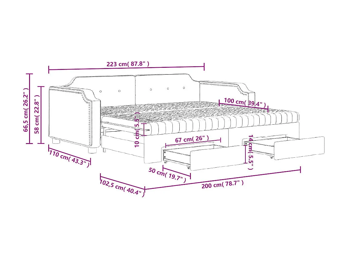 Slaapbank onderschuifbed en lades 100x200 cm stof lichtgrijs