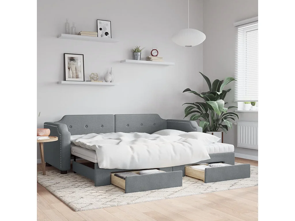 Tagesbett Ausziehbar mit Schubladen Hellgrau 100x200 cm Stoff