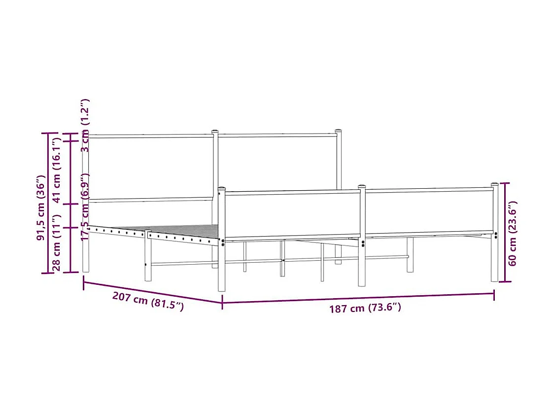 Metallbett ohne Matratze Räuchereiche 180x200 cm