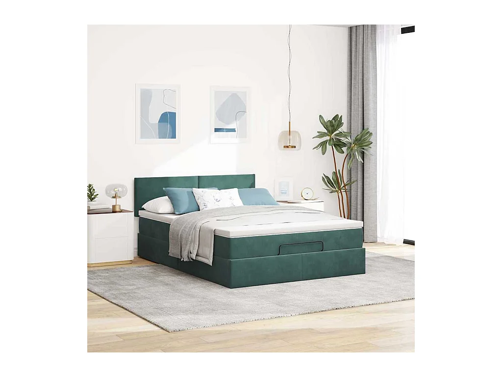 Cadre de lit ottoman avec matelas vert foncé 140x200 cm velours