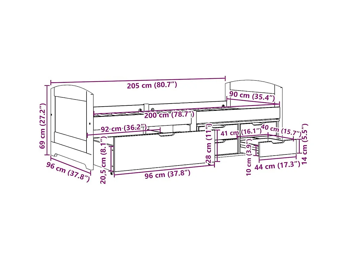 Lit de jour avec 5 tiroirs sans matelas IRUN noir 90x200 cm