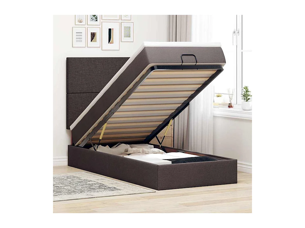Ottoman-Bett mit Matratze & LEDs Dunkelbraun 90x190 cm Stoff