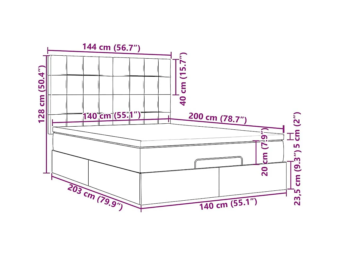 Cadre de lit ottoman avec matelas gris clair 140x200 cm velours