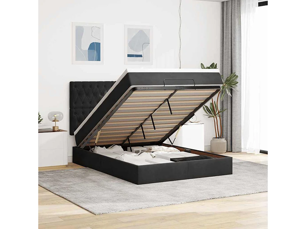 Estructura de cama otomana con colchones terciopelo negro