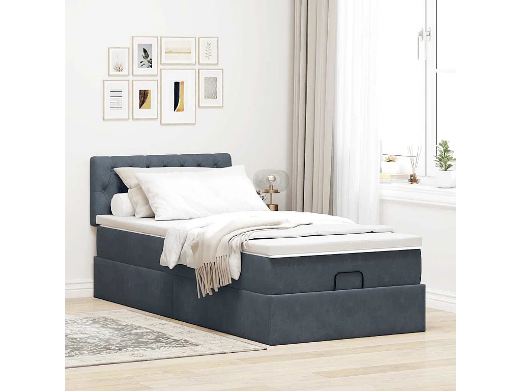 Estructura cama otomana colchón terciopelo gris oscuro