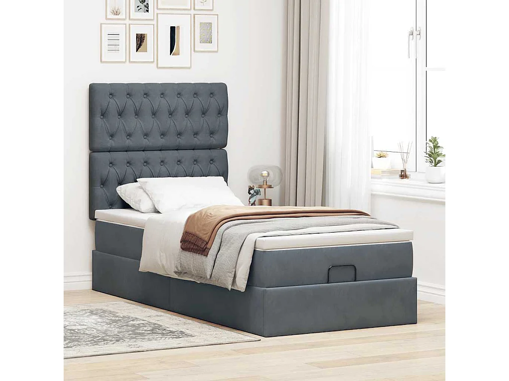 Cadre de lit ottoman avec matelas gris foncé 100x200 cm velours