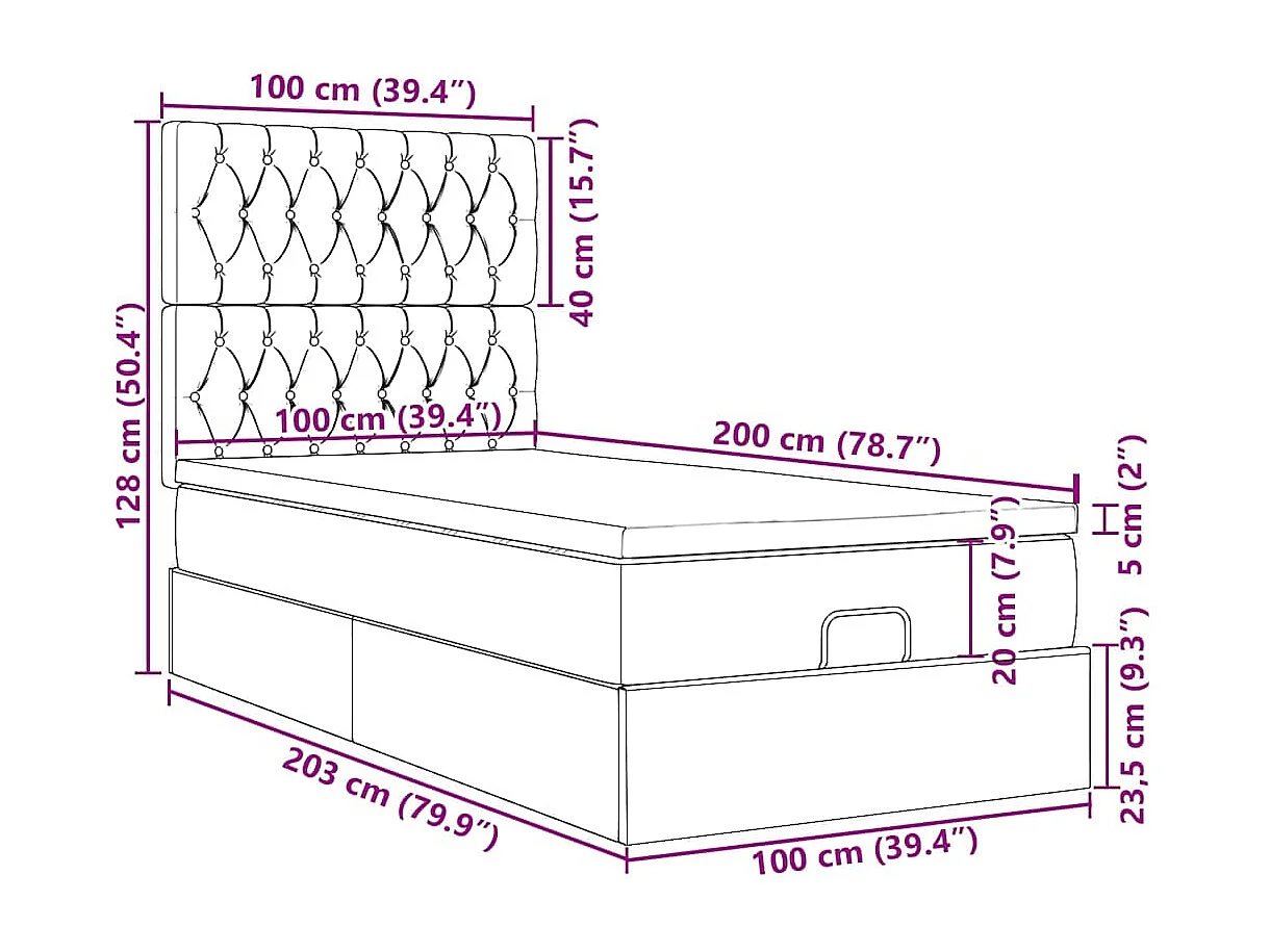 Estructura de cama otomana colchón tela negro 100x200cm