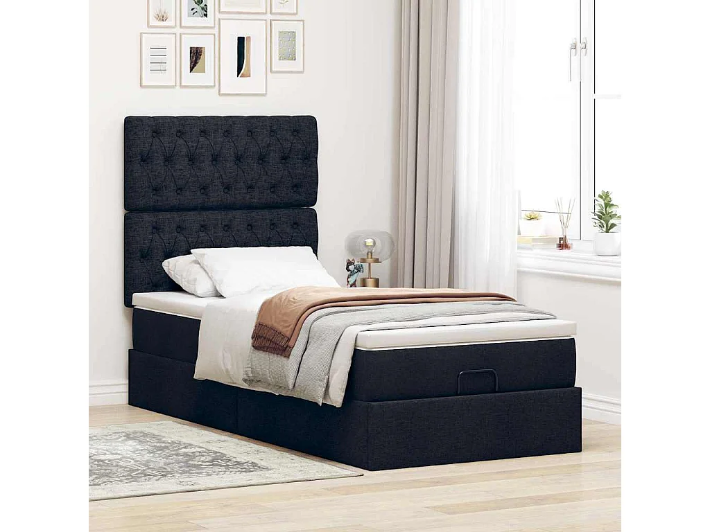 Estructura de cama otomana colchón tela negro 100x200cm