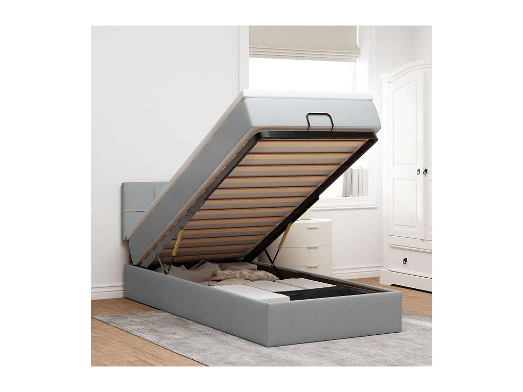 Estrutura cama otomana colchão 90x190 cm tecido cinzento claro