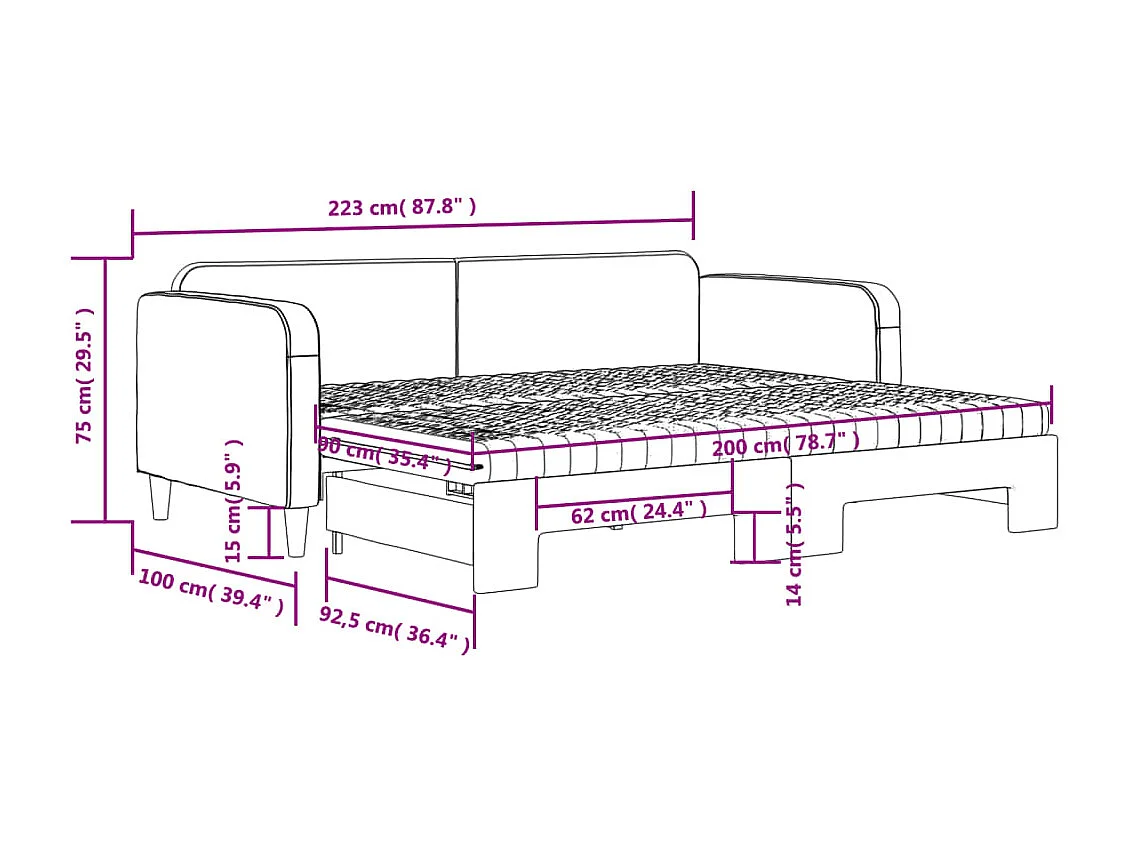 Lit de jour avec gigogne et matelas taupe 90x200 cm tissu