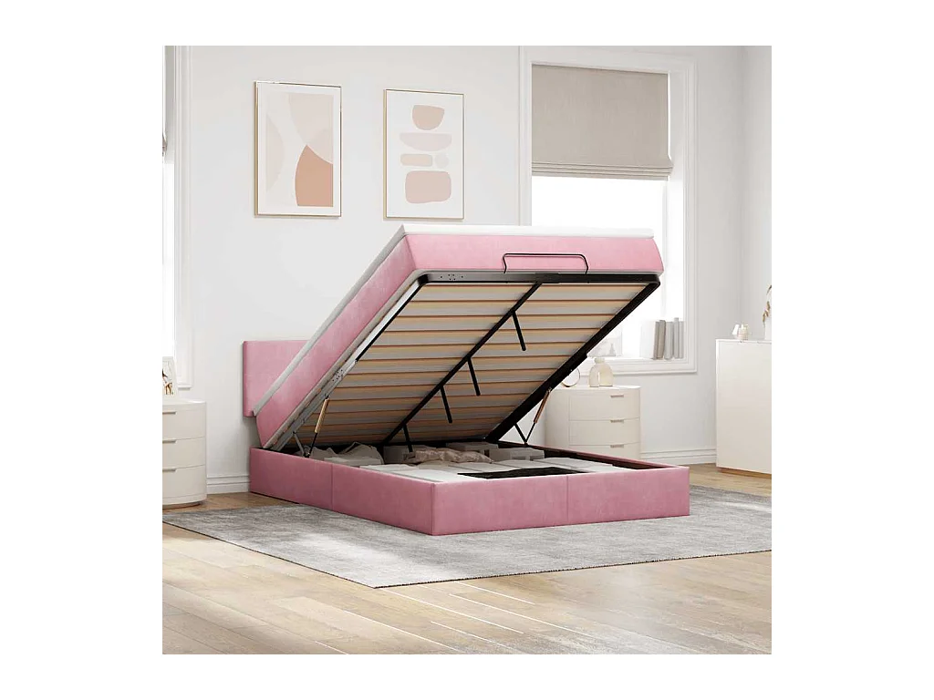 Cadre de lit ottoman avec matelas rose 140x200 cm velours