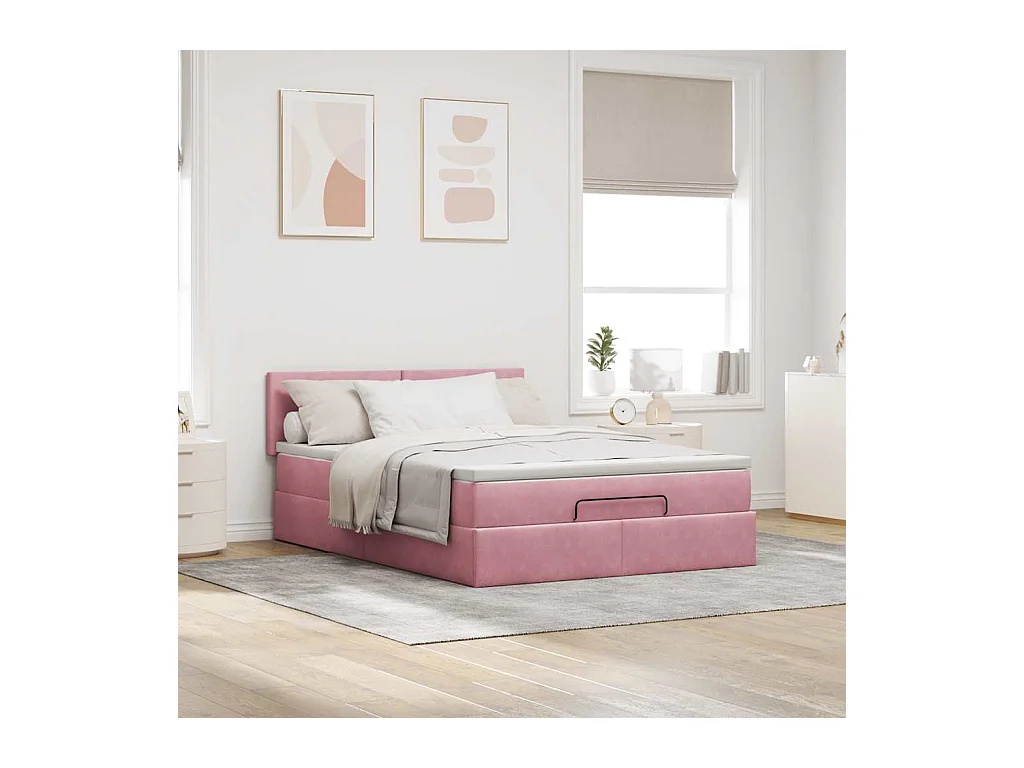 Cadre de lit ottoman avec matelas rose 140x200 cm velours