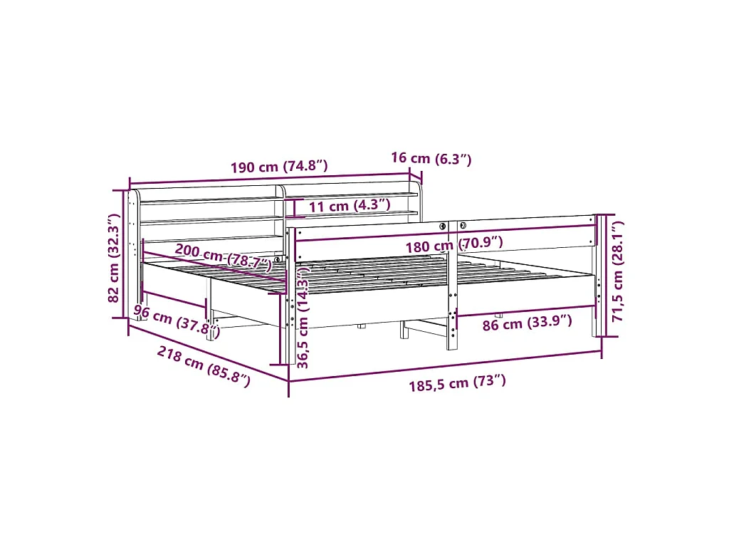 Cadre de lit sans matelas cire marron 180x200cm bois pin massif