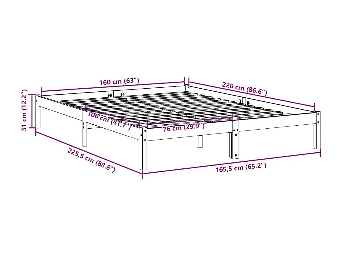 Cadre de lit extra long sans matelas 160x220 cm bois massif pin