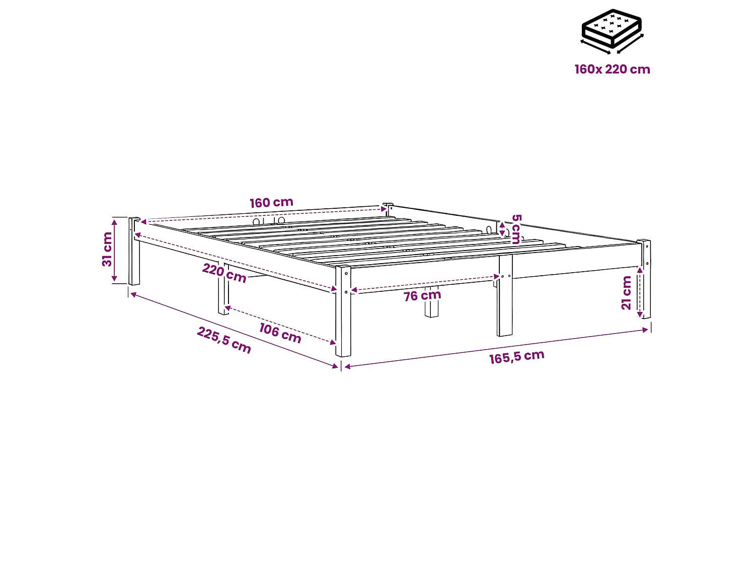Bedframe extra lang zonder matras grenenhout wit 160x220 cm