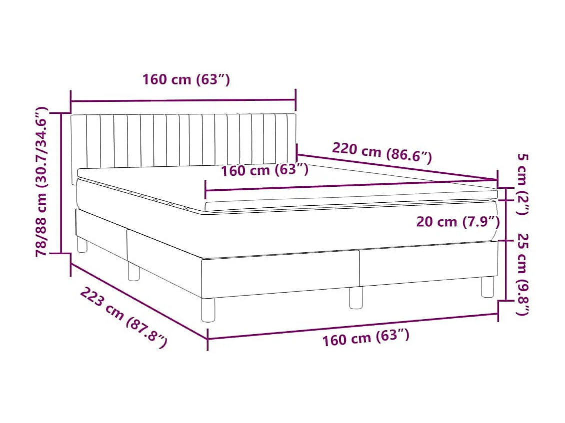 Cama box spring c/ colchão e LED 160x220 cm veludo cinzento-claro