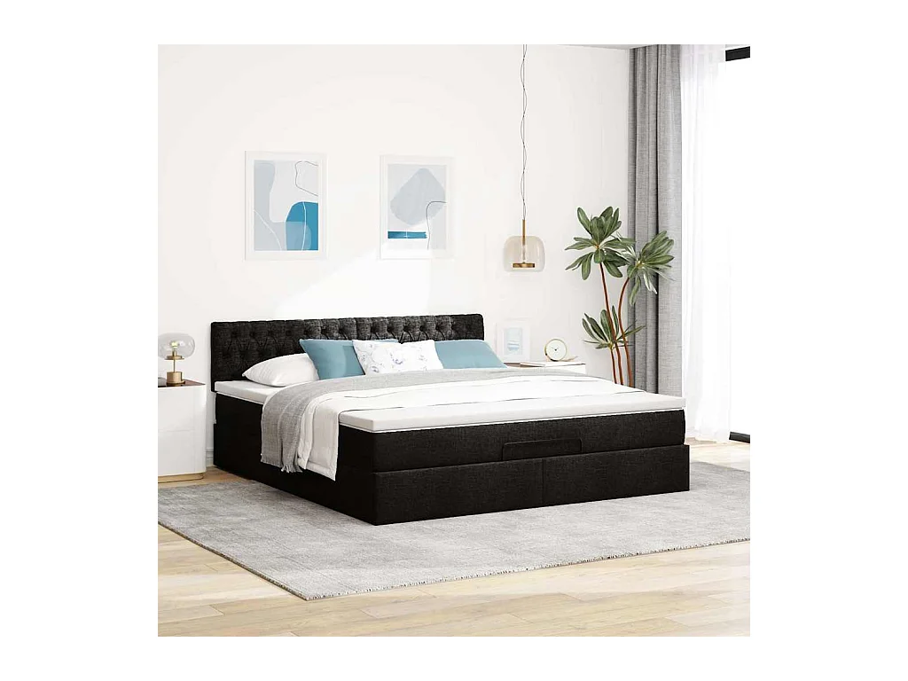 Ottomane Bett mit Matratze & LEDs Schwarz 180x200 cm Stoff