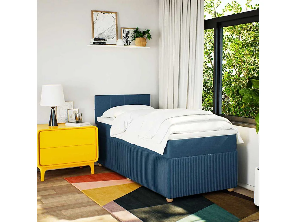 Cama box spring con colchón tela azul 100x200 cm