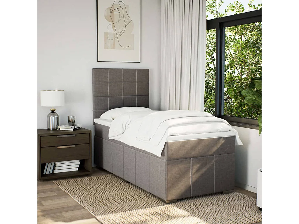 Cama box spring con colchón tela gris taupe 100x200 cm