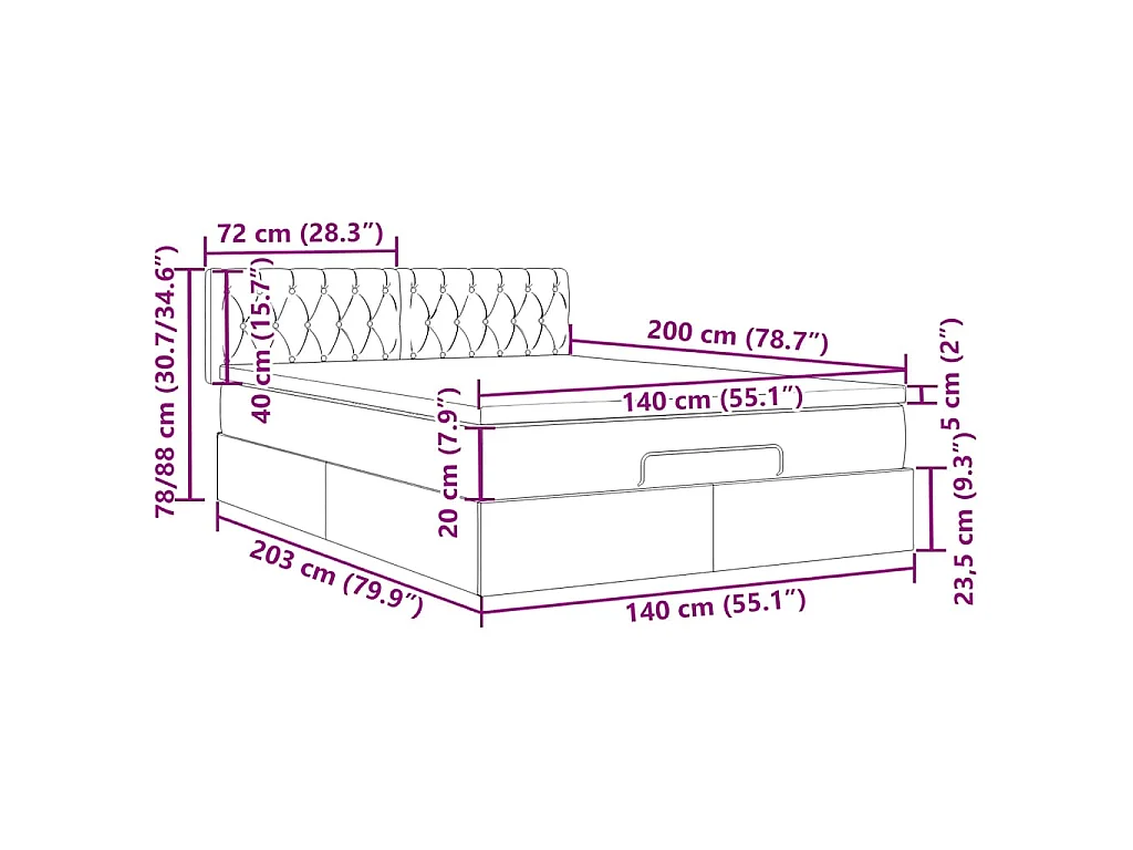 Cadre de lit ottoman et matelas gris clair 140x200 cm tissu