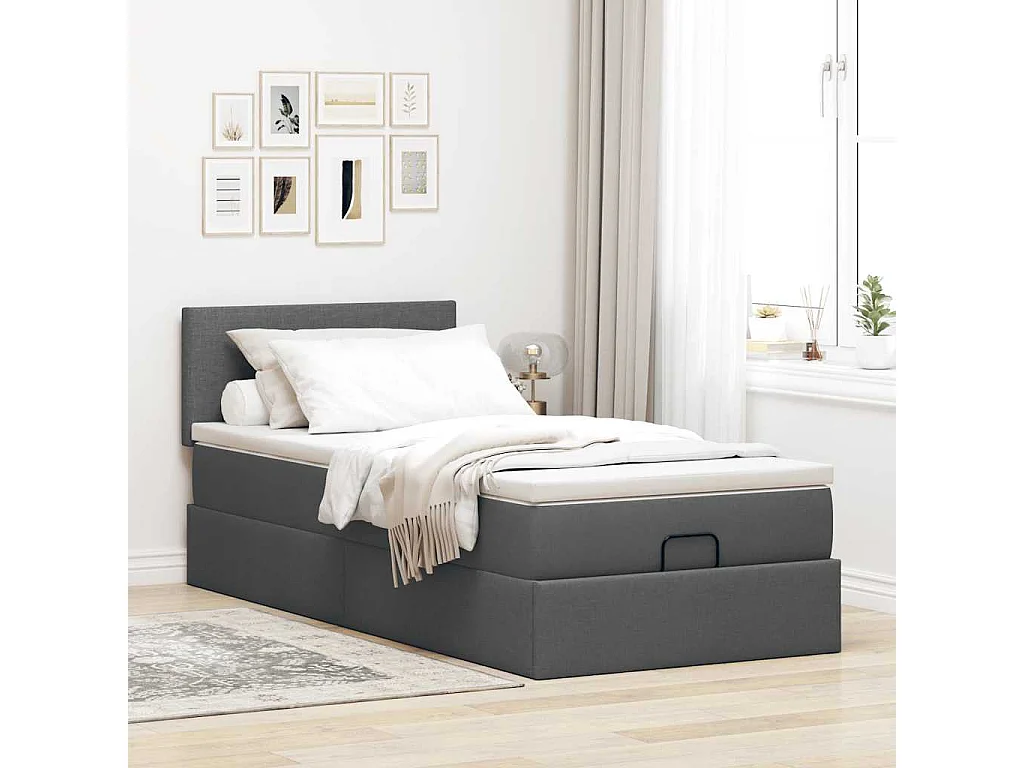 Pouf Letto con Materasso e LED Grigio Scuro 90x200 cm Tessuto