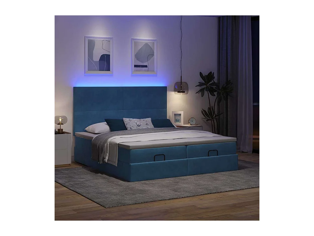 Cadre de lit ottoman avec matelas bleu foncé 160x200 cm velours