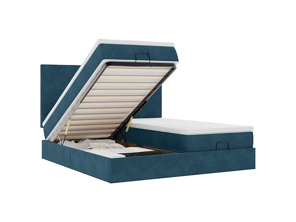Estrutura de cama otomana com colchão azul escuro veludo