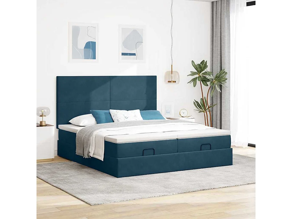 Estrutura de cama otomana com colchão azul escuro veludo