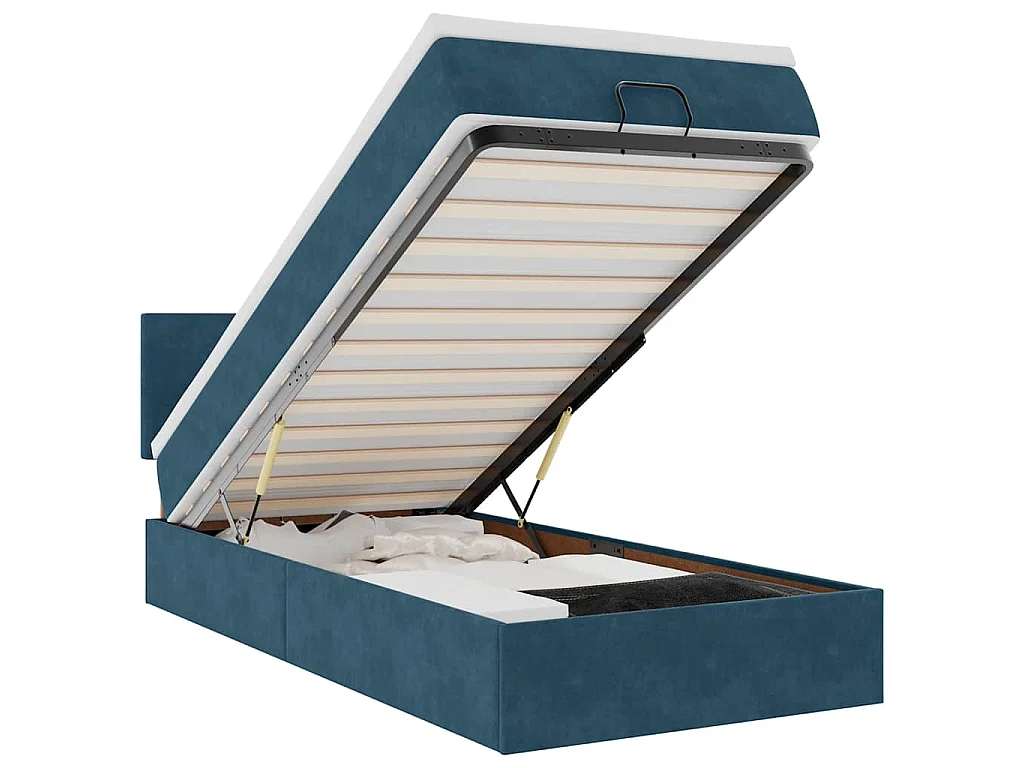 Estructura de cama otomana colchón terciopelo azul oscuro