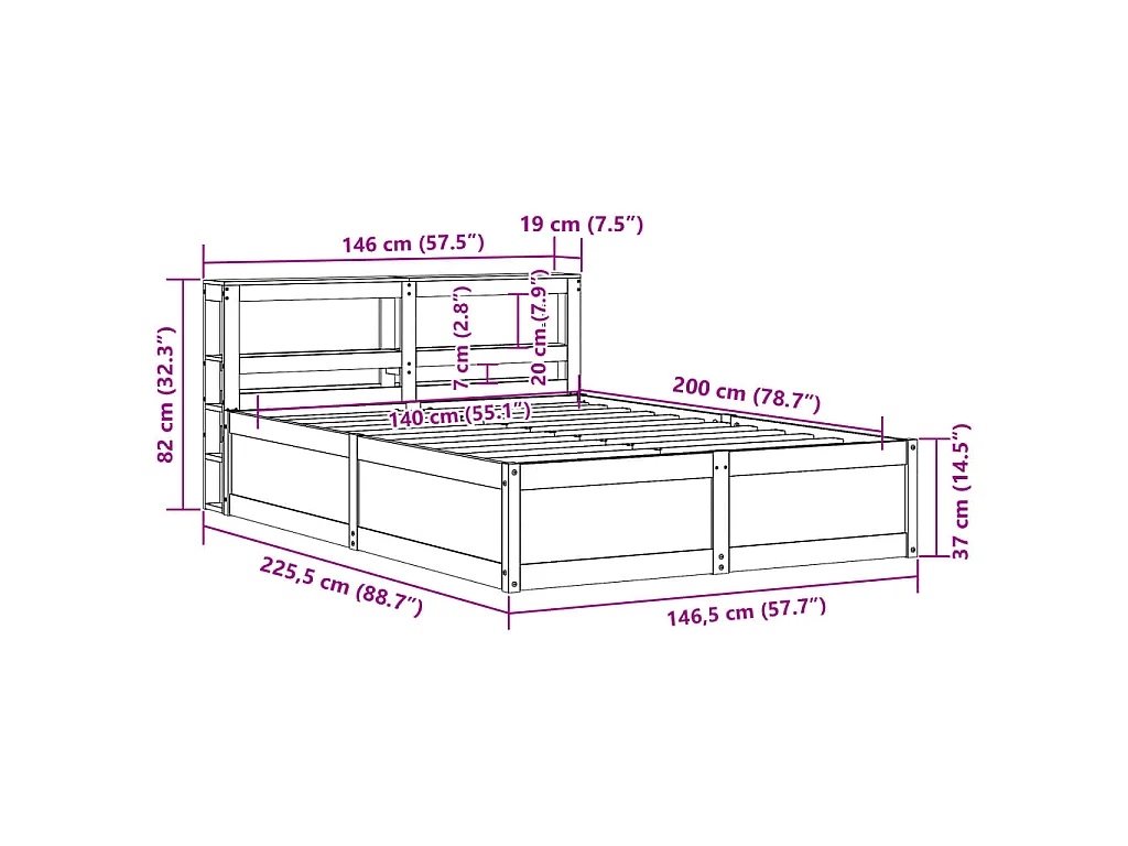 Estrutura cama c/ cabeceira 140x200cm pinho maciço castanho-mel