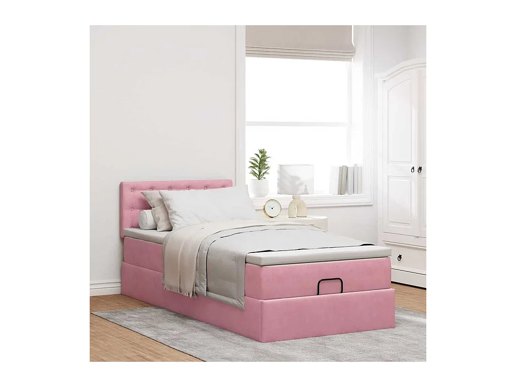 Cadre de lit ottoman avec matelas rose 90x200 cm velours