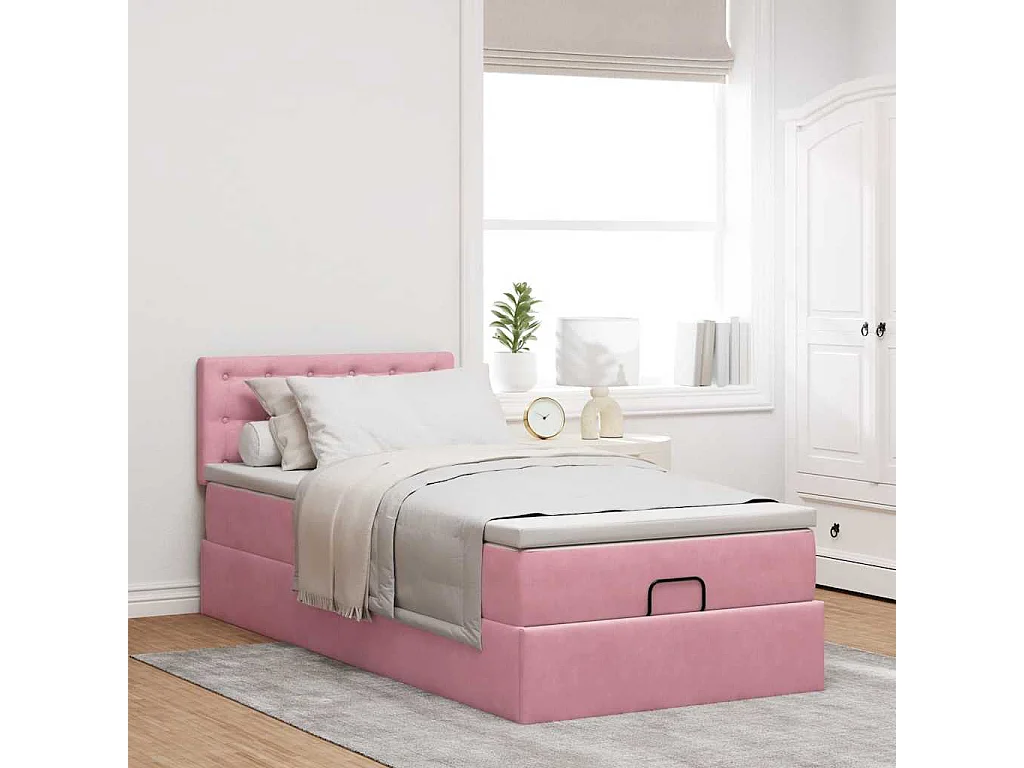 Struttura Letto Pouf con Materasso Rosa 90x200 cm in Velluto
