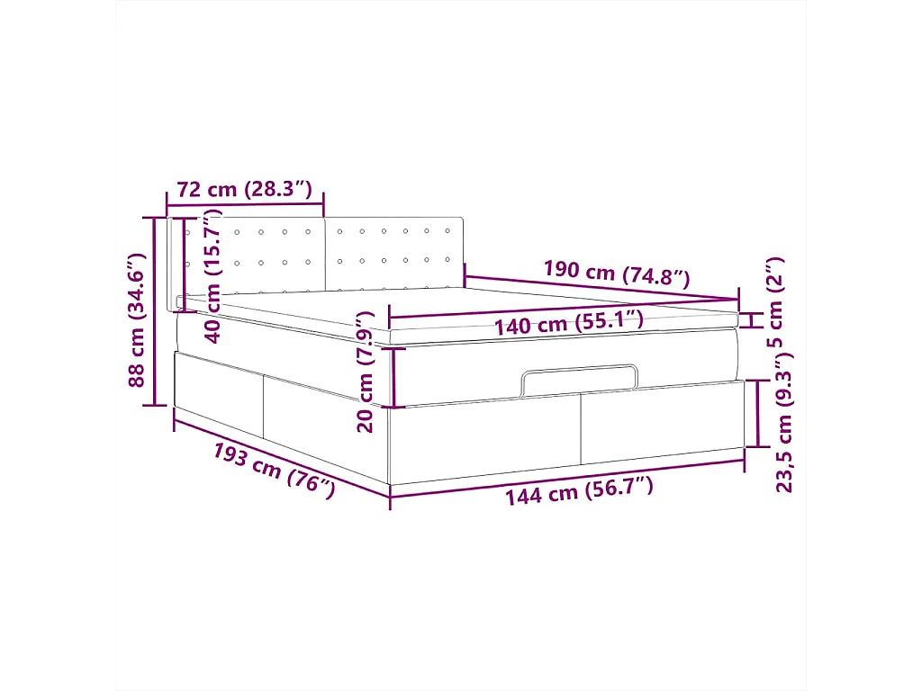 Cama Otomana com Colchão & LEDs Preto 140x190cm Tecido