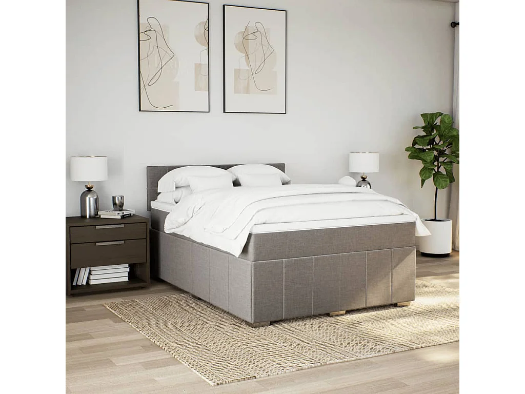 Cama box spring con colchón tela gris taupe 160x200 cm