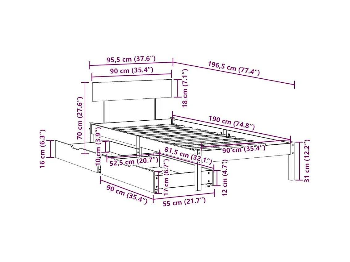 Cadre de lit sans matelas blanc 90x190 cm bois de pin massif