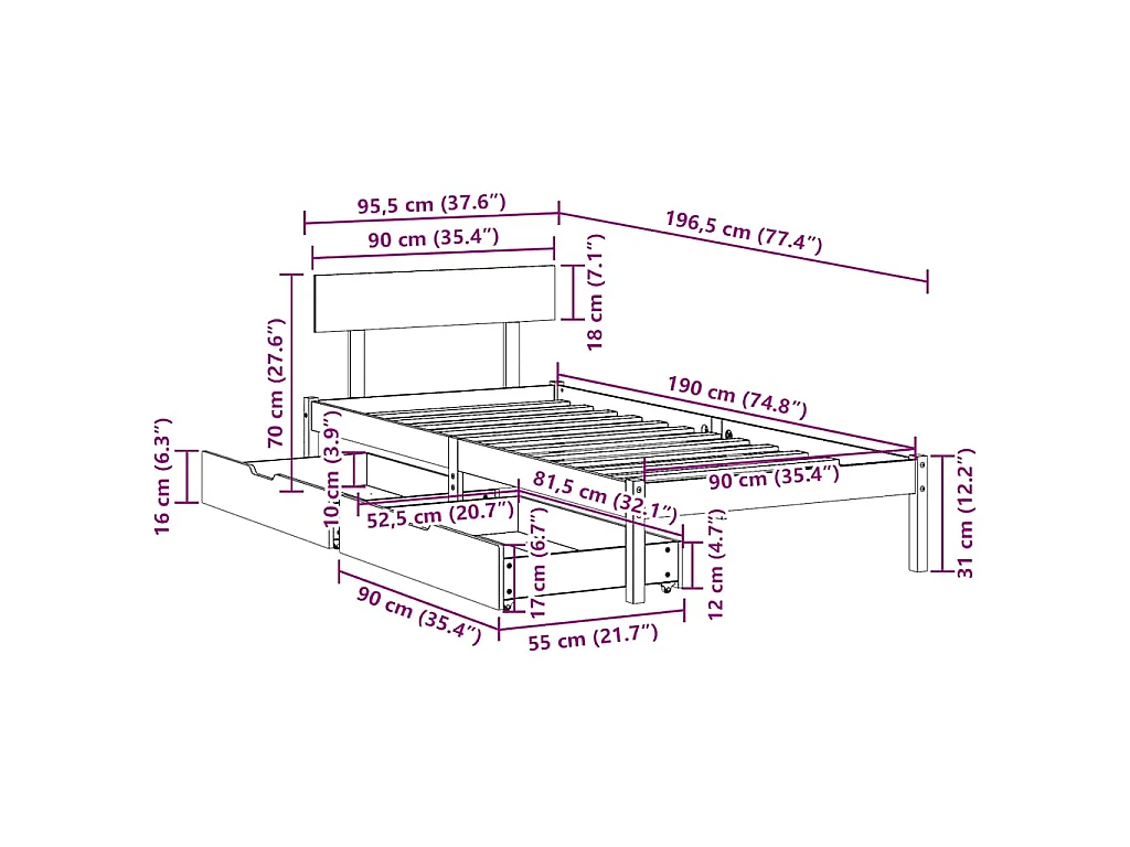 Cadre de lit sans matelas blanc 90x190 cm bois de pin massif