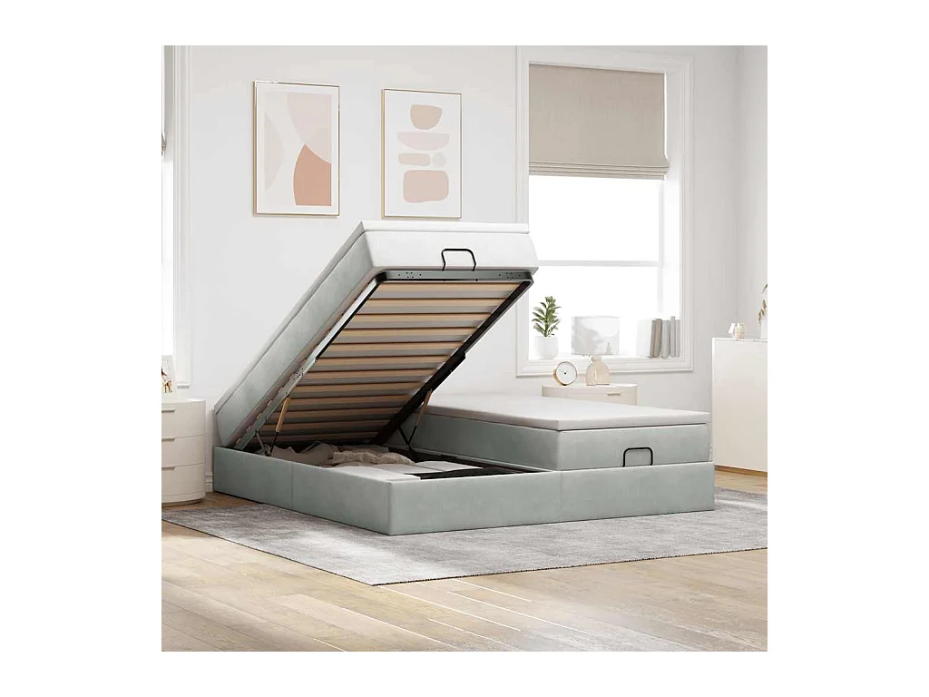 Cadre de lit ottoman et matelas gris clair 180x200cm velours