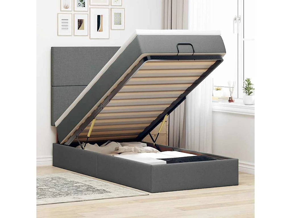 Lit ottoman avec matelas gris foncé 90x200 cm tissu