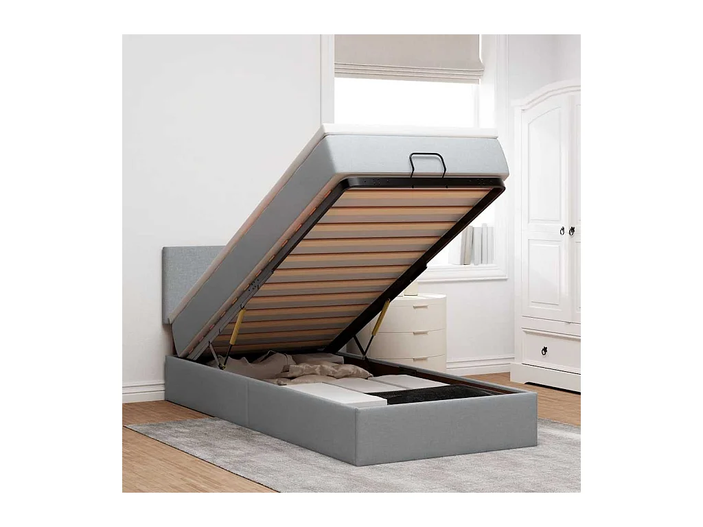 Estrutura cama otomana colchão 90x190 cm tecido cinzento claro