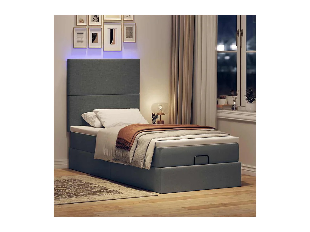 Lit ottoman avec matelas et LED gris foncé 90x200 cm tissu