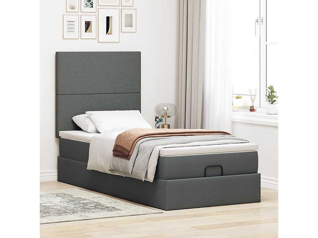 Lit ottoman avec matelas et LED gris foncé 90x200 cm tissu
