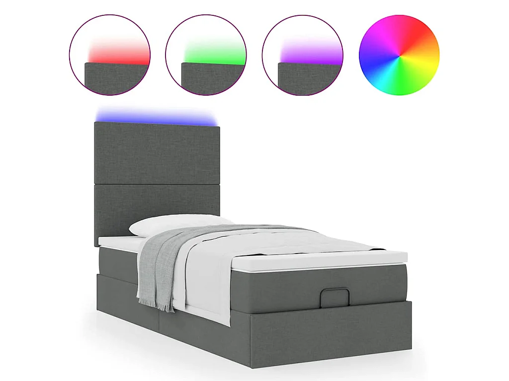 Lit ottoman avec matelas et LED gris foncé 90x200 cm tissu